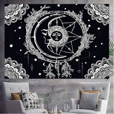 Soleil et Lune Tenture Murale Psychedelique Tapisserie, Drap Mural Mandala Wall Tapestry Aesthetic Tarot Psychedelic Tapis Mural Tissu Art Decoration pour Chambre Salon, 200x150 cm (Noir ) (1/5)