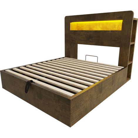Letto contenitore 140 x 200 cm in legno, sollevamento idraulico, LED, prese integrate (1/5)