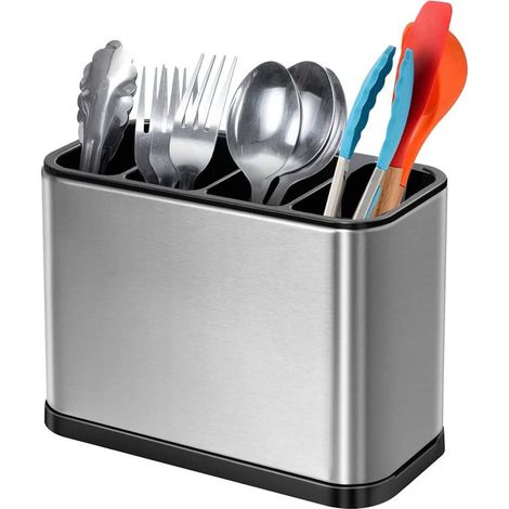 Égouttoir à couverts, porte-ustensiles cuisine acier inoxydable, 4 compartiments, organisation plan travail. (1/5)