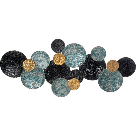 Décoration murale 3D en métal avec cercles bleus, dorés et noirs 121x53 cm pour salon (1/5)