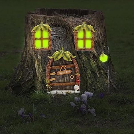 Puertas y ventanas de hadas en miniatura que brillan en la oscuridad, puertas de hadas gnomos en miniatura y estatua de árbol, puertas de hadas que brillan en la oscuridad para decoración de jardín.