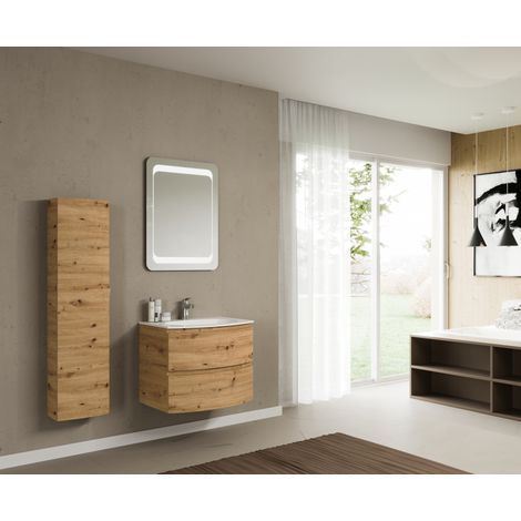 Hängender Badezimmerschrank 70 cm aus goldenem Eichenholz mit Waschbecken – Arona - Standard