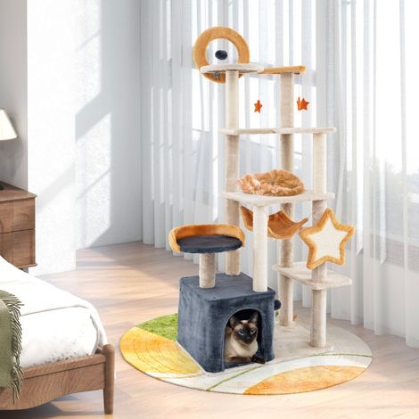 Arbre à Chat Mignon de 160 cm avec Poteaux et Planche à Gratter en Sisal Condo Perchoir et Plates-formes en Peluche Multicoloré (1/2)