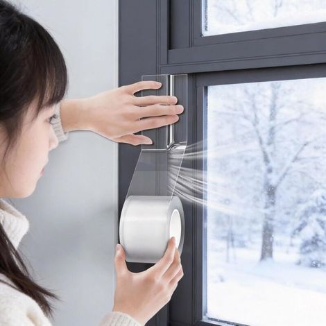 Nastro sigillante per porte e finestre, 5 cm x 10 m, impermeabile, trasparente, autoadesivo, ideale per finestre invernali, antivento, antipolvere e resistente al freddo. (1/4)