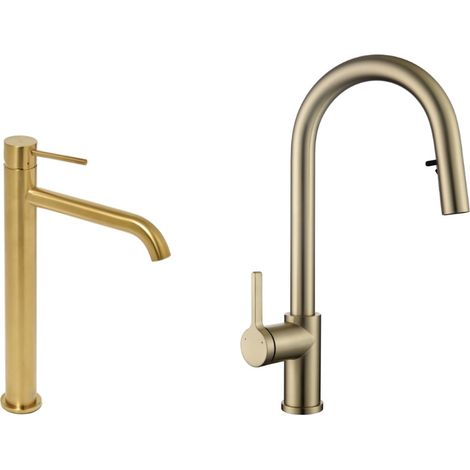 Aurum Set grifo monomando alto de lavabo de acero inoxidable + grifo de cocina Ceramia Timeless de acero inoxidable, con rociado (1/5)