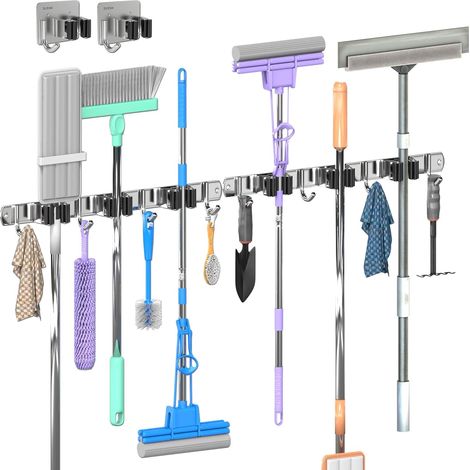 3-H 2pcs Accroche Balais Mural (3 Supports & 4 Crochets) et 2pcs Porte-Balais sans Percage - Acier Inoxydable 304- pour Salle de Bain, Garage, Cuisine, Jardin, Buanderie.Argent (1/5)
