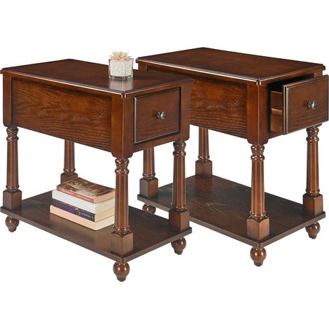 PADMA HOUSE Set of 2 Narrow End Table with Drawer and Storage Shelf, Solid Wood Sofa Side Table, Slim Beside Table, Telephone for Small Spaces, Living Room, No-tools Assembly Dark Walnut (1/5)
