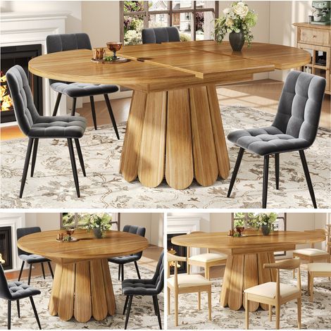 Table de salle à manger extensible en bois, ronde transformable en ovale (118–158 cm), jusqu’à 6 personnes, idéale pour cuisine, balcon ou salle à manger, couleur marron (1/5)