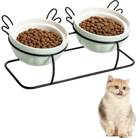 Ceramic Raised Cat Bowl with Metal Stand, Double Dog Bowl 12 cm, Raised Cat Bowl for Futting and Water, Bowls for Small and Medium Pets Dogs and Cats (1/5)