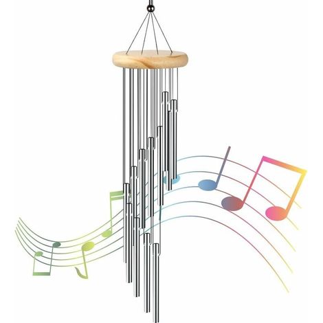 Carillon éolien d'extérieur, tubes en aluminium, bois massif, à suspendre, pour jardin, terrasse, balcon, cour, décoration intérieure, cadeau, couleur argent (1/5)