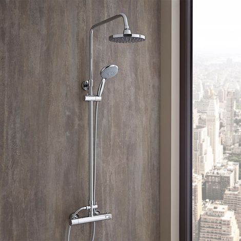 Milano Select Round Thermostatic Bar Mixer Shower Valve with Telescopic Riser Rail Round Fixed Shower Head and Hand Shower Handset - Chrome