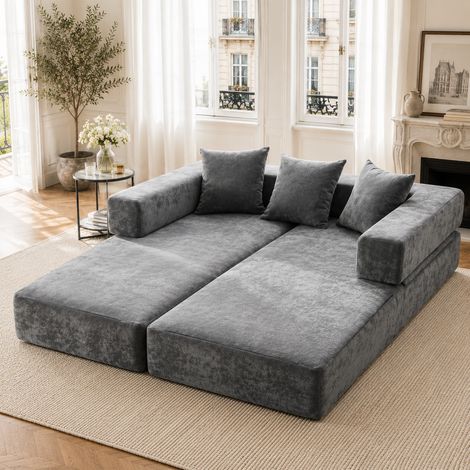 Canapé d'angle modulable en tissu chenille, doux et extensible à volonté. Avec poches de rangement latérales et semelle anti-glisse. Parfait pour salon, chambre d'enfant ou bricolage : composez votre (1/5)
