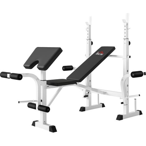 Banc de musculation inclinable avec support barre, extension jambes réglable, curl prédicateur