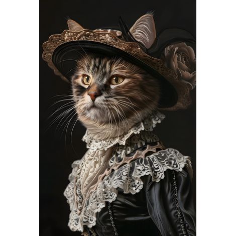 Tableau sur toile Chat victorien avec chapeau 30x45 cm - Impression sur Toile Murale Décorative - Image imprimée en HD sur Toile - Toile sur Châssis en Bois FSC - Fabriqué en France
