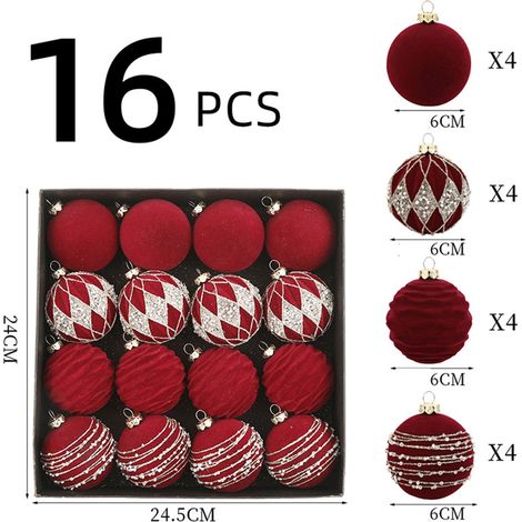 Boules De Noël - Boules En Plastique Velours Floqué - Décoration Arbre De Noël - 16 Pièces - Diamètre 6 cm (1/5)