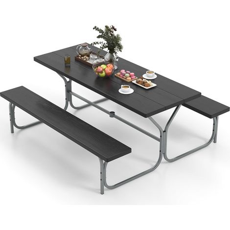 COSTWAY Set Tavolo da Picnic con Panca da 183 cm, Tavolo da Campeggio con 2 Panche per 8 Persone, Foro per Ombrellone, per Giardino, Campeggio, terrazza, Portato Totale 650 kg (Nero)