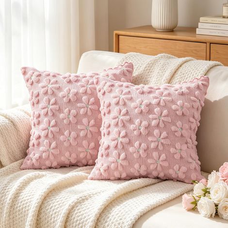 Lot de 2 housses de coussin 50 x 50 cm - Motif fleurs en laine - En velours côtelé - Pour salon, canapé, fauteuil - Rose (1/5)
