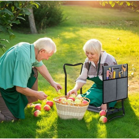 Panca da giardino pieghevole 2 in 1 con cuscino per ginocchia e borsa attrezzi, grigio OKMYHOME (1/5)