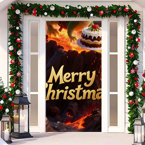 Rideau de porte de Noël 2026, bannière extérieure avec fond photo Père Noël et chien, tissu à suspendre - 90 x 180 cm (œillets + ruban) - 43