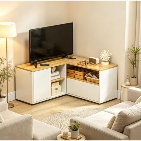 Mueble TV esquinero en L con almacenamiento abierto, 90 x 90 x 45 cm, blanco y efecto madera HAVRYA (1/5)