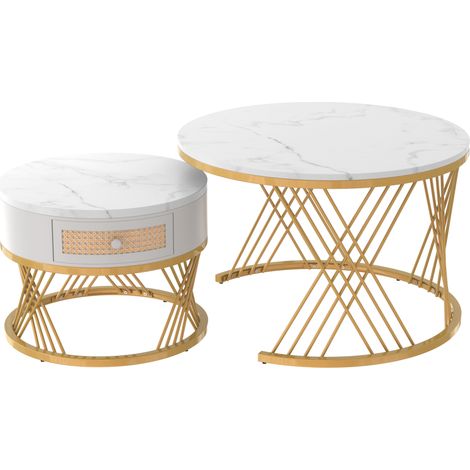 Table basse ronde 2 en 1 MDF, plateau effet marbre avec tiroirs en rotin synthétique, poignées bois massif, pieds métal doré, 70x70x45,5 + 50x50x38,5 cm