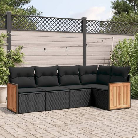 Ensemble Salon Jardin 5 Places Noir Résine Tressée avec Coussins Modulables et Rangement (1/3)