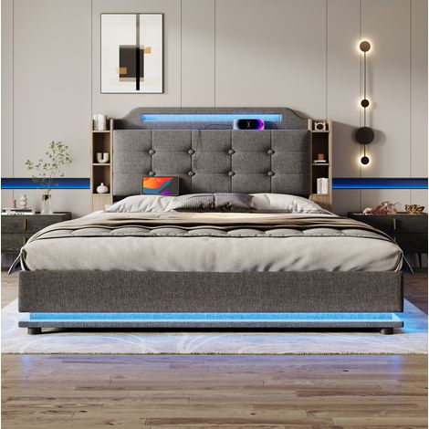 Bett im Retro-Stil 140x200 cm aus grauem Leinen mit Kopfteil, LED, hydraulischem Stauraum, Fächern und USB/Type-C (1/5)