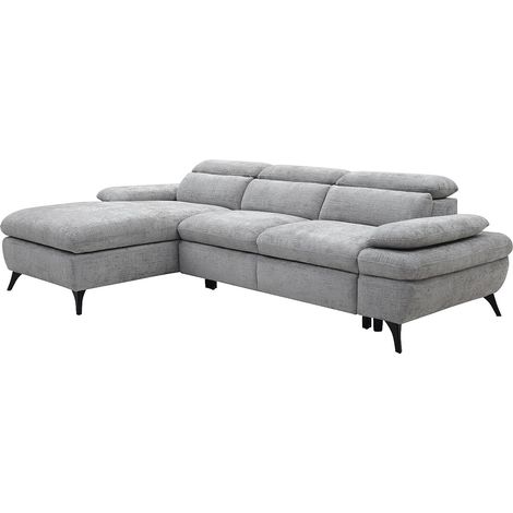 Vente-Unique – Canapé d'angle gauche convertible 5 places en tissu texturé gris – Mécanisme tiroir – Coffre de rangement – Design moderne
