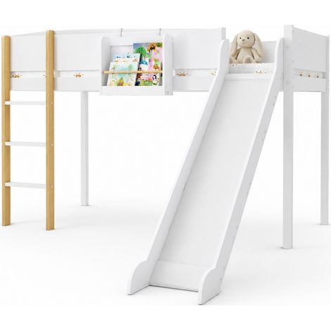 Lit mezzanine enfant 90x200 avec toboggan, échelle droite 3 marches, étagère amovible et protection complète, blanc et bois, chambre junior - CHICFURN (1/5)