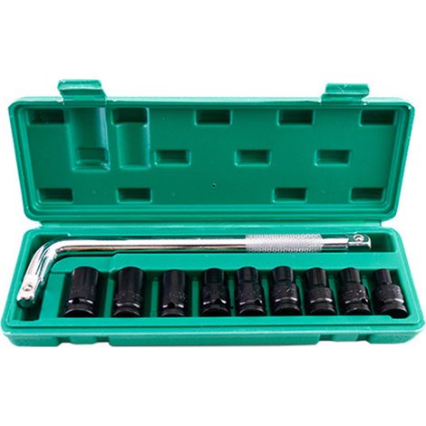 Juego 10 vasos impacto hexagonales 6 puntas profundidad 40mm accionamiento 1/2 pulgada, acero alto carbono, con llave y estuche almacenamiento