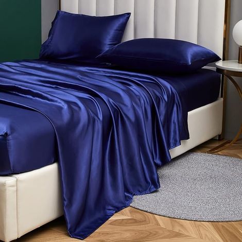 Drap-housse 160 x 200 cm - Bleu soie - matelas jusqu'à 30 cm (1/3)