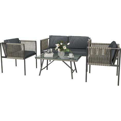 Ensemble de mobilier de jardin 4 pièces, 1 canapé, 2 fauteuils, 1 table avec plateau en verre, coussins, structure en acier, rotin synthétique, gris
