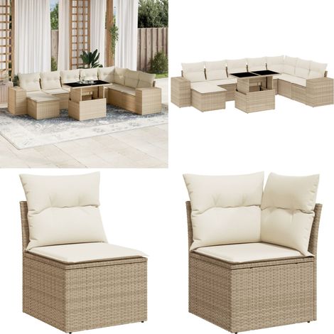 Set de sofás de jardín 9 pzas con cojines ratán sintético beige - Muebles de jardín - Cojines para sofás