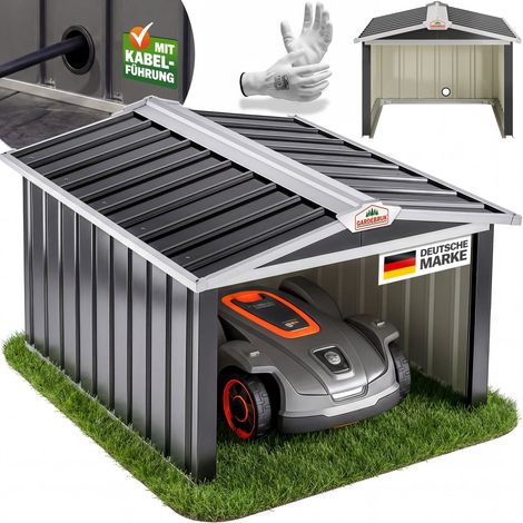Garage robot tondeuse métal résistant intempéries 4 piquets de terre herbe tonte Toit à 2 pentes anthracite