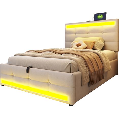 Lit rembourré 90 x 200 cm avec LED RGB, ports USB et tête de lit réglable, cadre en tissu beige pour chambre enfant, ado ou adulte - CHICFURN (1/5)