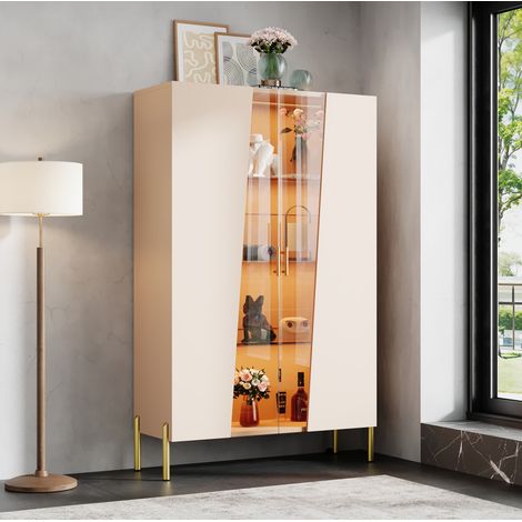 MODFU – Vetrina LED multicolore 72x40x145 cm in MDF/vetro con anta in vetro, 4 livelli, ripiani regolabili e carico 10 kg – Beige/bronzo (1/5)