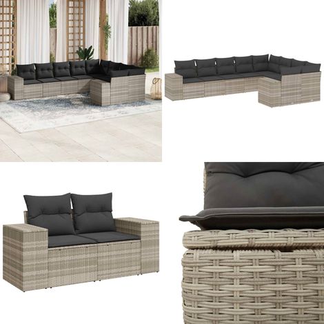 vidaXL Salon de jardin 9 pcs avec coussins gris clair résine tressée (1/5)