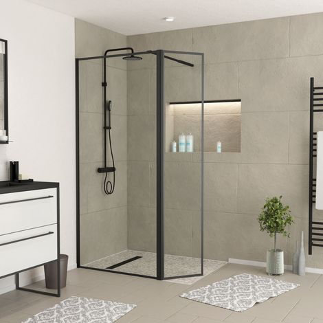 paroi de douche avec volet pivotant - cadre et bras alu. noir mat - 90+40x200cm - dark contouring