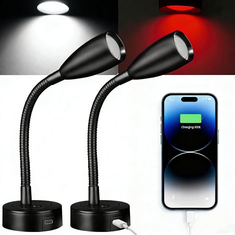 2 x 12V Camper Van Reading Lamp, Dimmable Goose Neck Spot 24V LED with Type-C 20W for Motorhome Caravan Batea Van Car Truck Bus Yacht (Black, 4000K) (1/5)