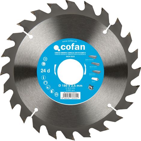 Cofan Lame de scie circulaire  Disque de coupe pour bois  24 dents  Convient pour les bois lamellés-collés, bois durs et plastiques  Dimensions : 180 x 30 mm (1/5)