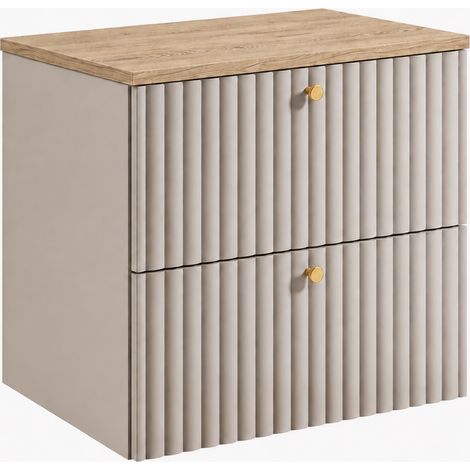Meuble sous-vasque suspendu 60 cm, 2 tiroirs, avec plan de travail, Cachemire / Plan chêne clair, poignées dorées, 60 x 44,4 x 58,6 cm (1/5)