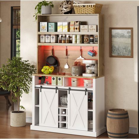Buffet de cuisine 110x40x191 cm avec LED RGB, prises USB, vitrine, range-bouteilles et crochets, MDF - blanc naturel (1/5)