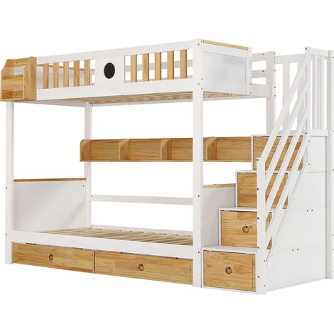Lit superposé, grand espace de rangement, cadre en pin et MDF, lit enfant avec 4 casiers de rangement dans l’escalier, barrière de sécurité et 2 tiroirs, étagère ouverte, Blanc+Nature, 90x200cm