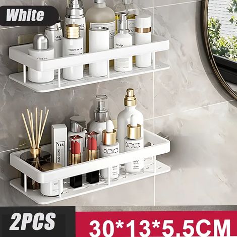 (Blanc - Lot de 2) Étagère de salle de bain/rangement de cuisine en alliage d'aluminium, accessoire de salle de bain, étagère murale sans perçage (1/5)