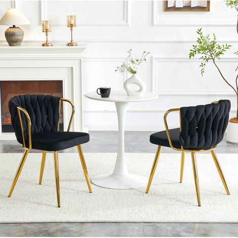 Lote de 2 sillas de comedor de terciopelo, con respaldo ergonómico y patas de metal, negro y dorado (1/5)