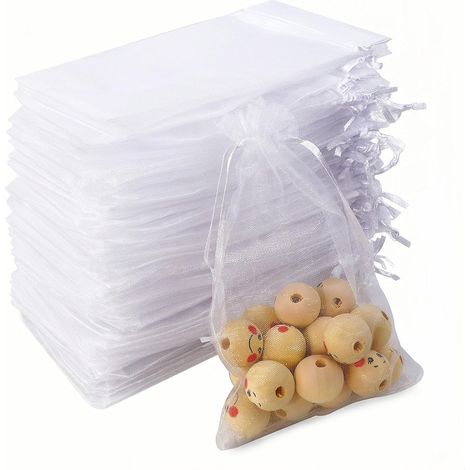 Sachet Organza - 10 x 15 cm - Blanc Transparent avec Cordon de Satin - Pour Bijoux Bonbons Fleurs Séchées Lavande - Lot de 100 (1/5)