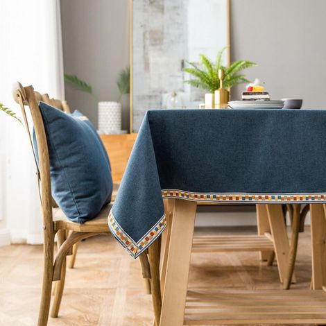 Nappe rectangulaire 100x160 cm Bleu avec broderie Coton Lin pour jardin & table de salle à manger