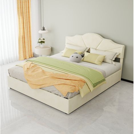 Bett 160x200 cm Beige aus Stoff und Metall, geometrisches Kopfteil, Lattenrost und einfache Montage (1/5)