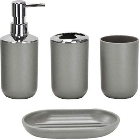 Set Accessoires Salle De Bain - Porte-brosse À Dents - Savonnière - Gobelet - Distributeur Liquide - Gris - Lot De 4 (1/5)