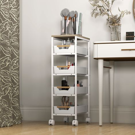 5-Tier Storage Trolley with Pull-Out Drawers for Organized Home Storage, Slim Design, Lockable Wheels, and Stylish Wood-Effect Top